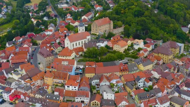 Aerial view of the old town of the city Arnstein in Germany, Bavaria on a late spring afternoon