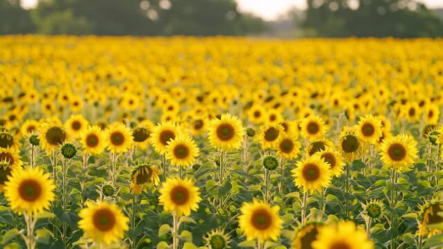 Sunflower field golden hour slow motion wide loop, thousands of sunflowers swaying in warm wind wave, vivid yellow-gold glow, abundant summer footage for solstice joy seasonal brand video.