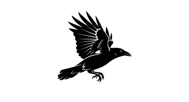 Stylized graphic illustration of a flying black crow in mid air.