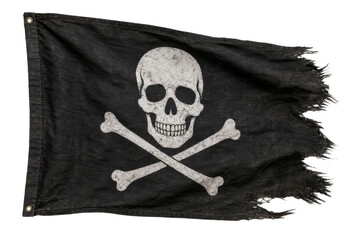 Obraz premium Tattered black pirate flag with skull and crossbones, weathered and worn