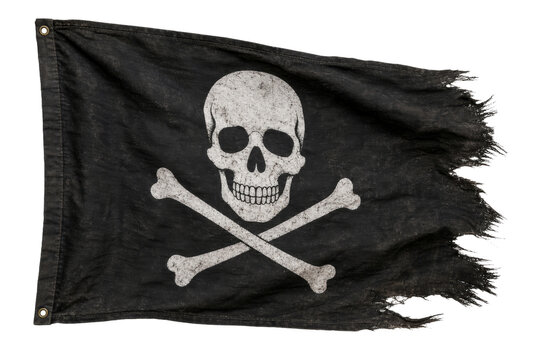 Tattered black pirate flag with skull and crossbones, weathered and worn
