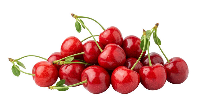 A pile of fresh, ripe red cherries with stems and leaves on a white background