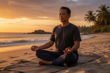 Fototapeta premium Middle-aged man meditating on tropical beach at sunset