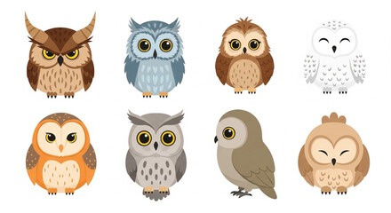 Obraz premium Cute cartoon owls vector character set with colorful flat snowy barn and horned owl birds for kids nursery illustrations