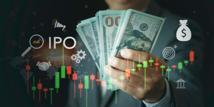 Businessman holding US dollar banknotes presenting IPO initial public offering concept. Financial stock market investment, corporate fund raising, public trading, and business growth.
