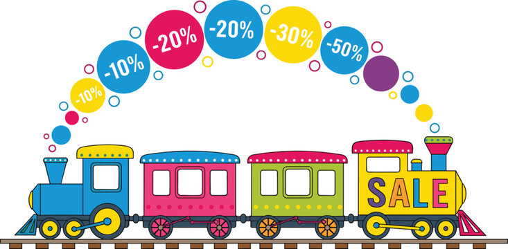 WebCute cartoon toy train on railway track with colorful discount sale tags blowing from smoke stack shopping promotion template vector illustration