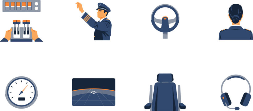 Aviation Pilot and Cockpit Control Vector Icon Set Featuring Airplane Captain, Throttles, Steering Yoke, Headset, Gauge, and Flight Deck Elements