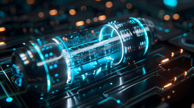 Abstract 3d render of a solid-state battery cell showing internal glowing layers of clean energy, futuristic eco tech concept.