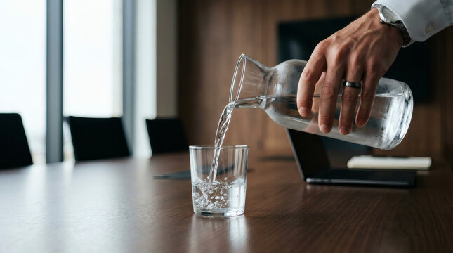 Water Pouring from Glass Bottle into Office Meeting Room Glass for Hydration and Focus