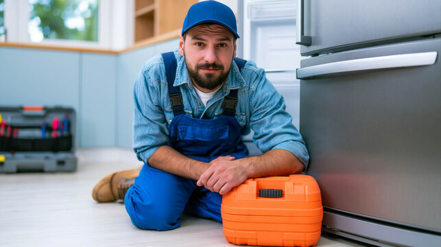 Professional refrigerator technician with toolbox providing home appliance repair service