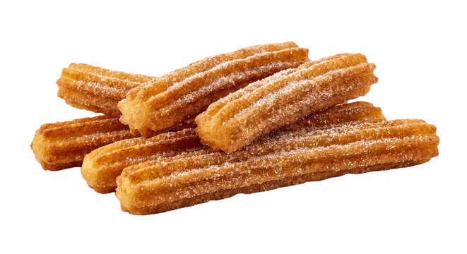 Pile of golden brown churros dusted with sugar and cinnamon on a white background