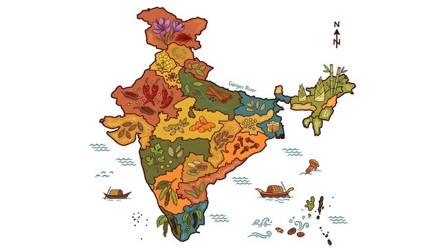 map of the india Colorful Hand-Drawn Style Map of India Showing Regional Spices and Ingredients Illustration