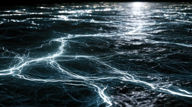Abstract Dark Water Surface with Glowing Electric Currents and Shimmering Light