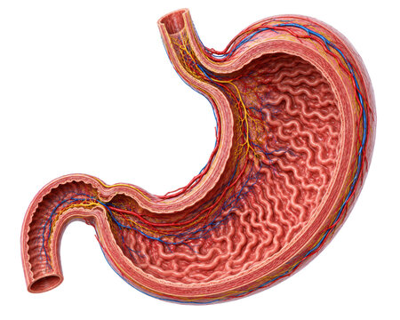 Human Stomach Anatomy Cross Section with Blood Vessels, Nerves and Internal Rugae Folds