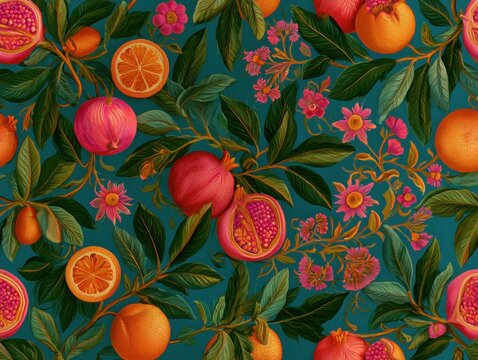 Vibrant Fruit and Flower Pattern on Teal Background for Home Decor