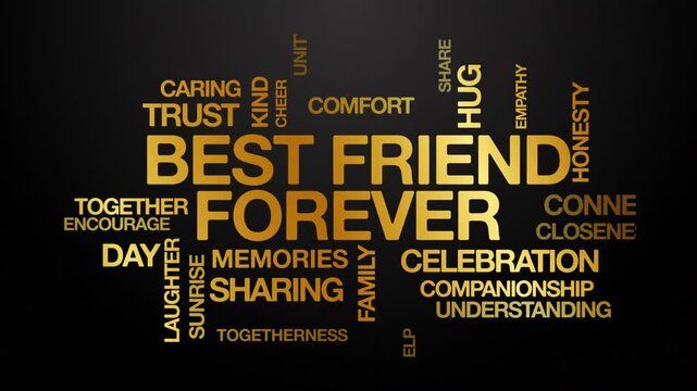 Best friend forever BFF concept Animated Tag Word Cloud kinetic typography, Text Design Animation typography seamless loop video motion graphics Intro Wordart arrangement golden type on black backdrop