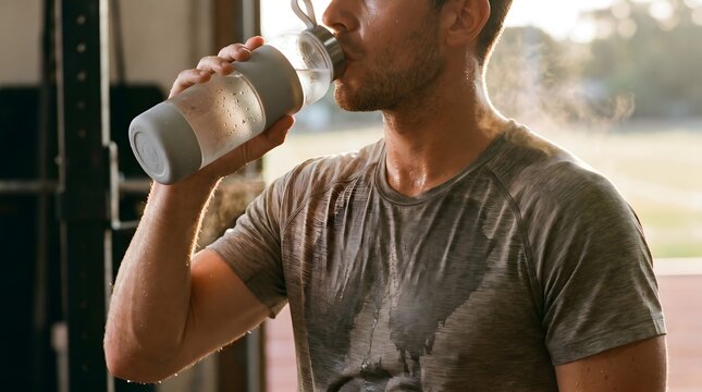 Atlet Berkeringat Minum Air saat Pemulihan Latihan di Gym
