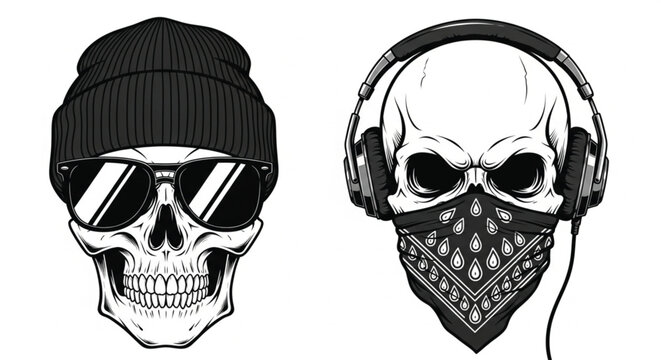 Bold streetwear skull vector collection with high contrast comic shading style and rebel motorcycle gang accessories