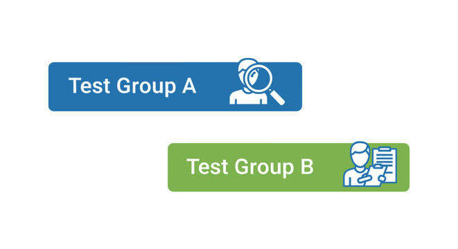 A/B testing concept buttons with user research icons and labels for web design.