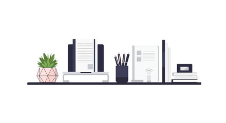 Naklejka premium A minimalist vector illustration shows a clean workspace shelf featuring a potted plant, a laptop, stationery, and books on a white background.