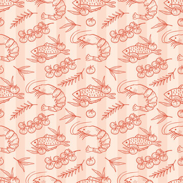 Mediterranean seafood seamless pattern, shrimp fish cherry tomatoes, vector art
