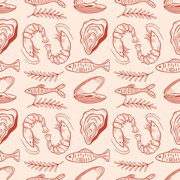 Mediterranean seafood seamless pattern, shrimp oyster fish, vector art