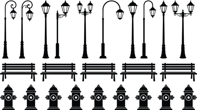 Urban Street Furniture Silhouette Vector Set &ndash; Black Side View Lamps, Benches and Traffic Signals