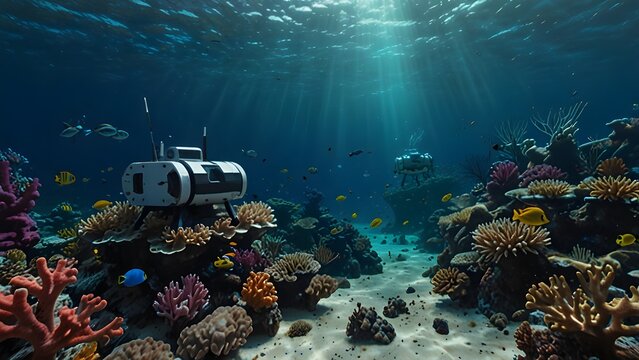 Autonomous underwater robot explores a vibrant tropical coral reef with diverse marine life, colorful fish, and sunbeams.
