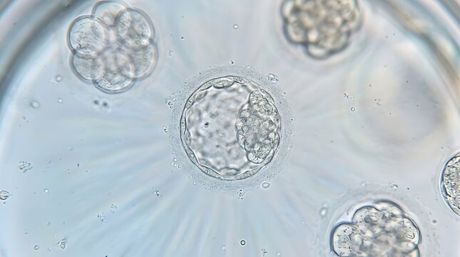 Microscopic view of early-stage embryos, showcasing the delicate cellular structures of blastocysts in a lab setting
