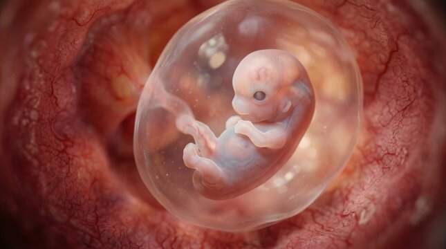 Realistic 3D illustration of a human embryo in the amniotic sac inside the womb during early stages of pregnancy