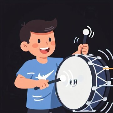 Happy young boy playing a large bass drum in a flat vector illustration style for musical education and childhood hobby concepts