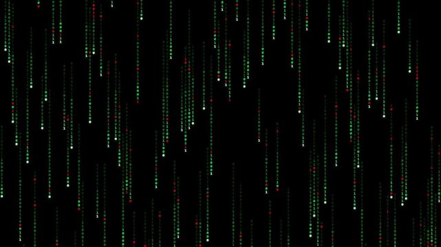 Vertical Falling Green and Red Binary Code Digits in Cyberspace Digital Motion Graphic