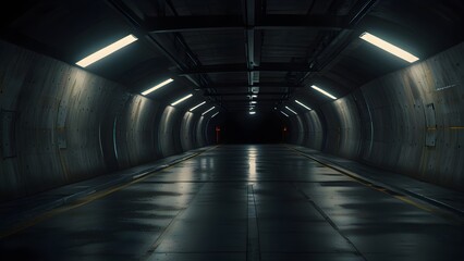 Fototapeta premium Long, dark, empty underground concrete tunnel illuminated by glowing fluorescent lights with reflective wet floor
