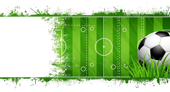 Soccer field layout design with a ball in green grass and white paint splash texture football background training strategy competition template