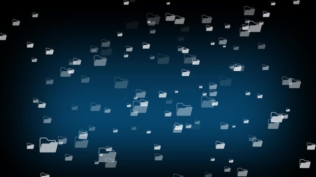 Abstract digital background animation featuring multiple white file folder icons floating on a dark blue gradient backdrop for cloud storage concept.