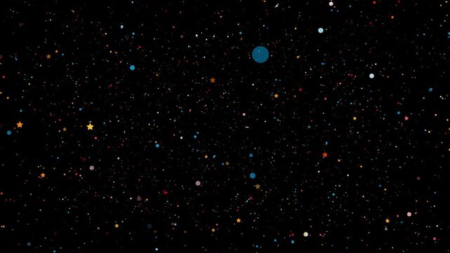 Retro Style Colorful Starfield Background Animation With Tiny Red, Blue, And Orange Geometric Stars, Circles, And Polygons Drifting Slowly Across A Deep Black Cosmic Void, Creating A Nostalgic Sci-fi 