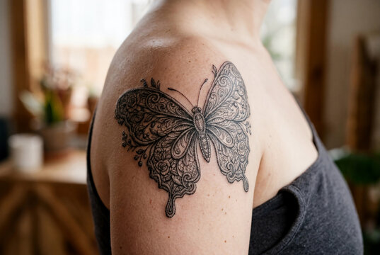 Close up of woman shoulder featuring elegant ornamental blackwork butterfly tattoo with intricate lace and floral pattern details