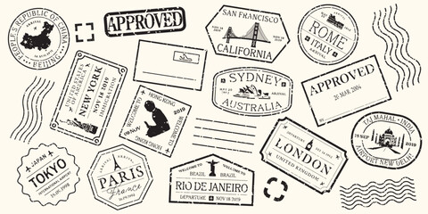 Vector of travel stamps from global cities like Tokyo, Paris, and Sydney.