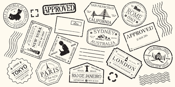 Vector of travel stamps from global cities like Tokyo, Paris, and Sydney.