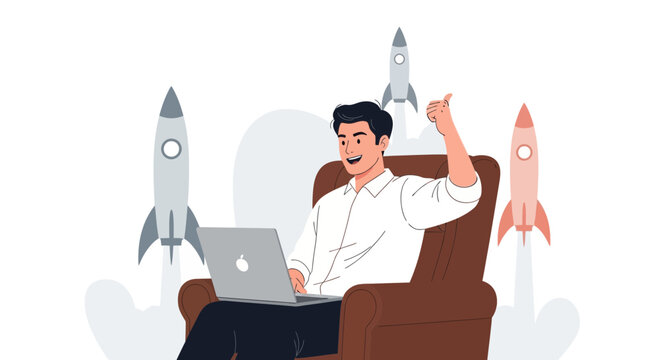 Man with Laptop in Armchair with Rockets Launching Around Him, Symbolizing Startup Success and Innovation