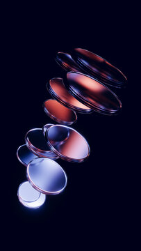 Vertical stack of floating glass rings with glossy reflections.
