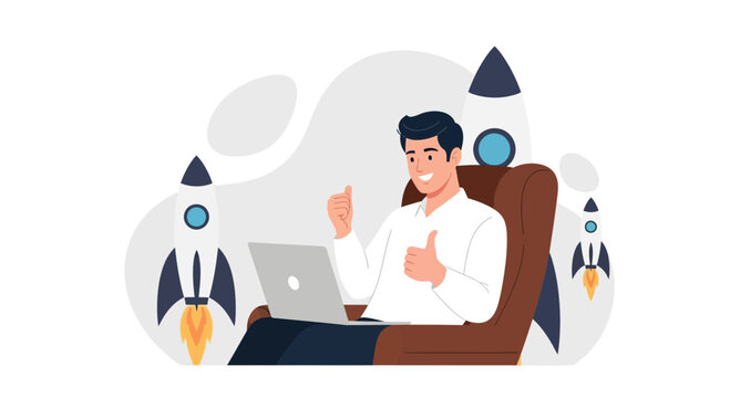 Man working on laptop with rockets launching, symbolizing startup success and innovation