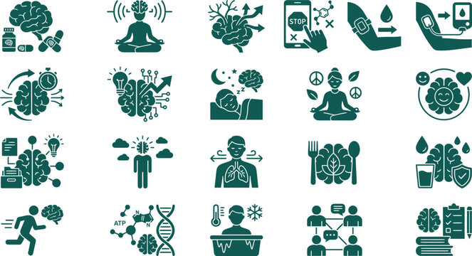 Modern wellness brain optimization vector symbols collection showing nootropics meditation waves neuroplasticity dopamine detox glucose monitoring flat glyph graphics