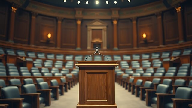 legislative. A solemn podium illuminated by a single dramatic light in an empty legislative chamber. real-estate listings.