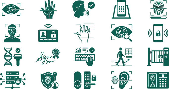 Advanced biometric security graphics assortment including retinal scanners vein pattern recognition voiceprint matching smart lock deadbolts digital access protection