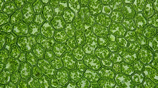 Microscopic View of Green Plant Cells with Chloroplasts under Microscope