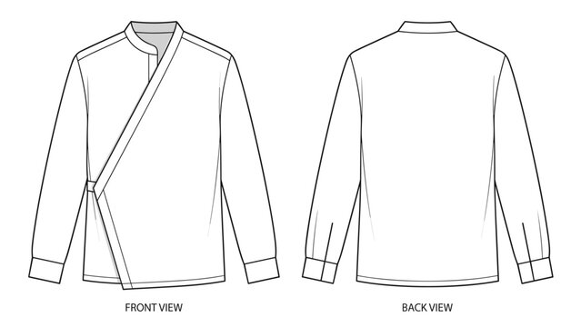 Men's wrap style long sleeve shirt flat sketch illustration drawing, Kimono style woven shirt fashion illustration template mock up