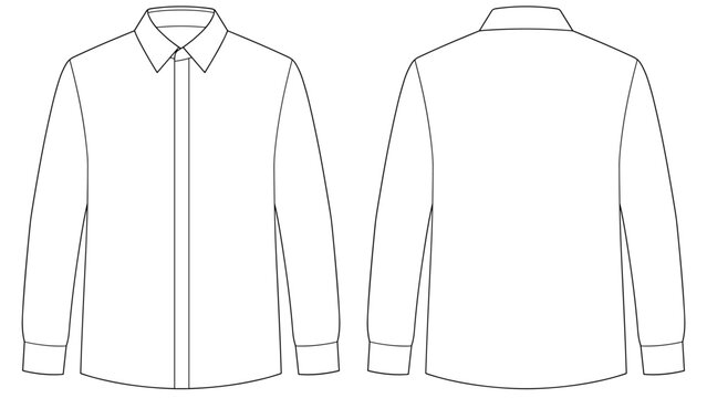 Men's formal long sleeves shirt hidden placket flat sketch illustration drawing, Professional woven shirt fashion illustration template mock up
