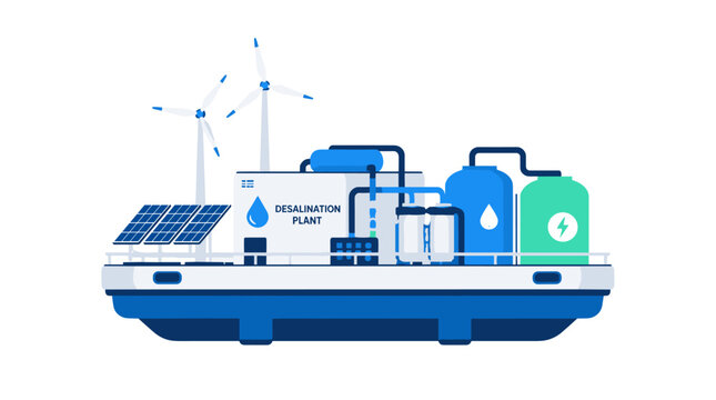 Renewable Energy Ship with Solar Panels and Turbines.