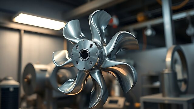 impeller. Stainless steel impeller with metallic reflections under industrial lighting. safety posters, maintenance manuals, designed for precision metalworking and fabrication facilities.